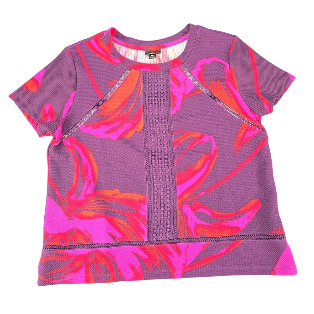 Worthington Petite Purple Pink Floral Crochet Lace Trim Short Sleeve Top PM